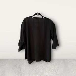 Avenue Blouse Women Plus Size 14/16 Black Pleated Front 3/4 Bell Sleeve